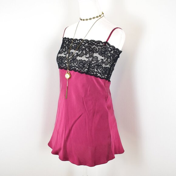 VTG 00s Y2K Christine Wine Red Silk Black Floral Lace Babydoll Slip Cami Top - Picture 2 of 8
